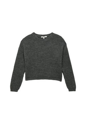 Pull en maille côtelée gris avec des manches longues et un col rond. Présente un design court. Le tissu semble doux et texturé.