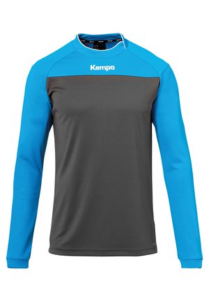 Langärmliges Sportshirt mit grauem Körper und blauen Akzenten an den Schultern und Ärmeln, gefertigt aus glattem Synthetikmaterial.