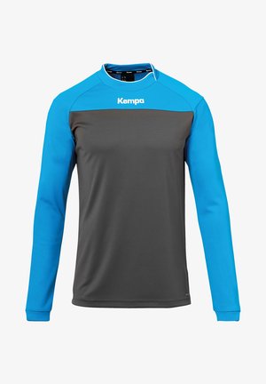 Sportshirt met lange mouwen, gekenmerkt door een grijze basis met blauwe accenten op de schouders en mouwen, gemaakt van glad synthetisch materiaal.