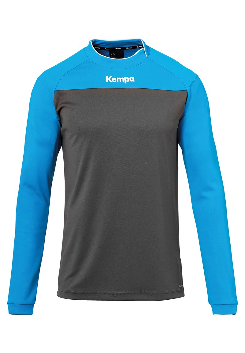 Langärmliges Sportshirt mit grauem Körper und blauen Akzenten an den Schultern und Ärmeln, gefertigt aus glattem Synthetikmaterial.