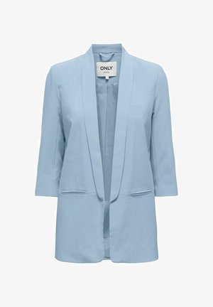 Blazer bleu clair avec col châle, manches trois-quarts et deux poches avant. Tissu lisse et coupe décontractée.