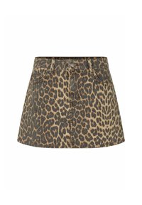 Denim rok met luipaardprint in een flared stijl, vijf zakken en een knoopsluiting. Kenmerkt zich door donker- en lichtbruine kleuren in een gevlekt patroon.