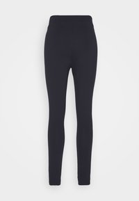 Svarta leggings med hög midja, tillverkade av ett smidigt och stretchigt tyg. Har en slimmad form och inga synliga detaljer eller dekorationer.