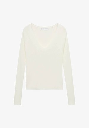 Top alb cu mânecă lungă, decolteu adânc în formă de V, textură cu nervuri pe umeri și design ajustat. Eticheta este vizibilă la decolteu.