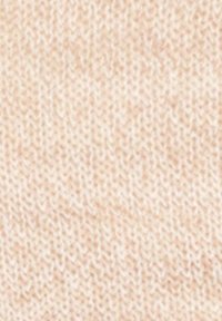 Tecido tricotado cor pêssego claro com textura suave. Apresenta um padrão de malha fina, criando uma superfície lisa e uniforme.