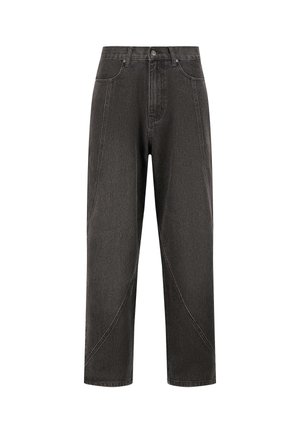 Dark gray denim trousers with a high waist, straight leg design, and unique diagonal stitching details. Features a button front closure.