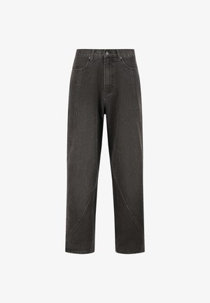 Dark gray denim trousers with a high waist, straight leg design, and unique diagonal stitching details. Features a button front closure.