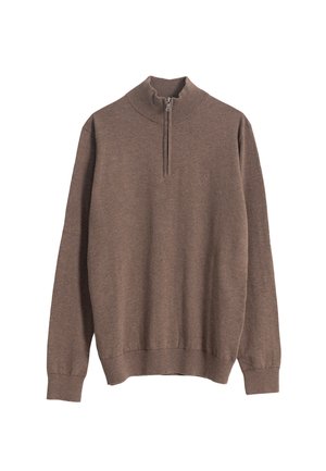 Jersey marrón de punto con cuello de media cremallera. Confeccionado con tela suave, presenta mangas largas y borde acanalado en el dobladillo y los puños. Pequeño logo en el pecho.
