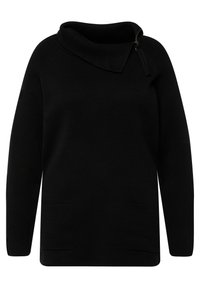 Schwarzer Pullover mit hohem Kragen, Reißverschlussdetail, langen Ärmeln, geripptem Textil und zwei Fronttaschen. Gerades Saumdesign.