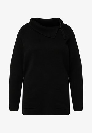 Black sweater with a high cowl neck, zipper detail, long sleeves, ribbed texture, and two front pockets. Straight hem design.