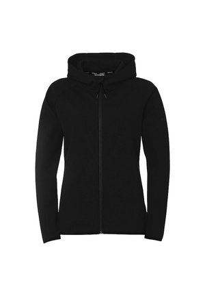 Black full-zip hooded jacket with long sleeves and drawstrings on the hood, displayed against a white background.