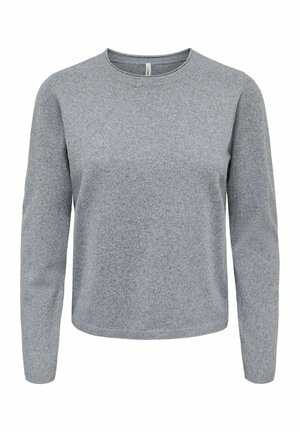Long-sleeve gray crew neck sweater with a soft, textured fabric and a straight hem.