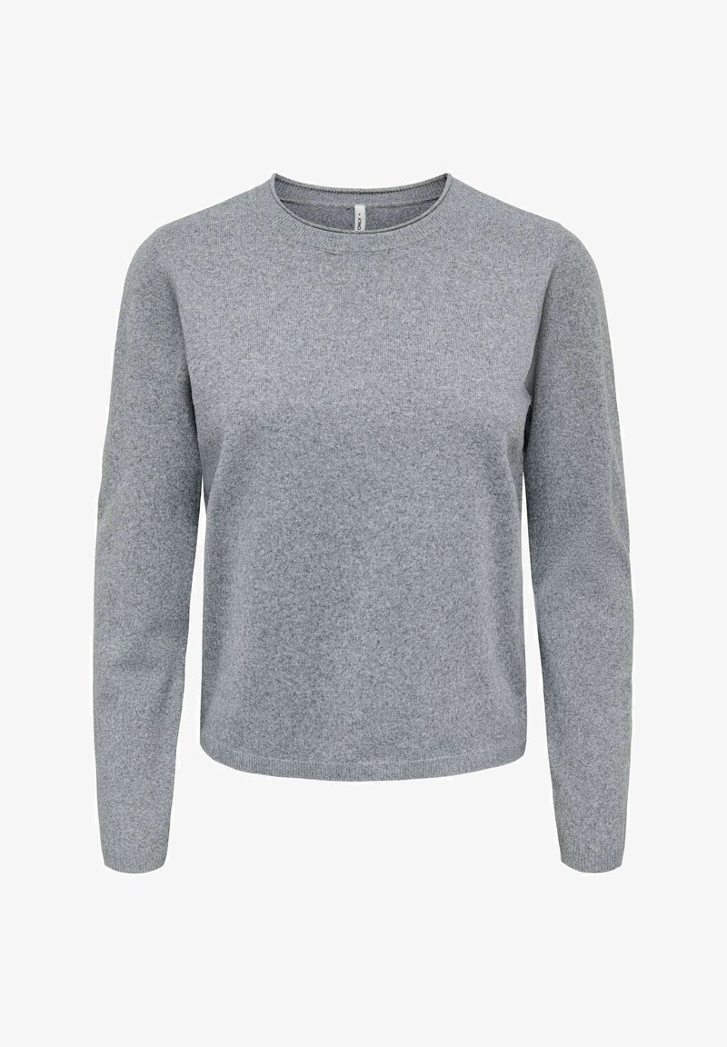 Pull gris à manches longues avec col rond, en tissu doux et texturé, avec un ourlet droit.