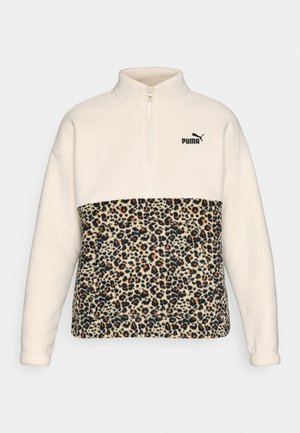 Pulover din fleece cu fermoar pe jumătate, în partea de sus crem și cu imprimeu leopard în partea de jos. Prezintă logo-ul PUMA în negru pe piept. Material moale, texturat.