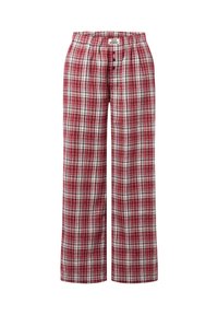 Rote und weiße karierte Lounge-Hose mit einem elastischen Bund und drei Knöpfen an der Vorderseite. Hergestellt aus weichem Stoff, mit geradem Bein.
