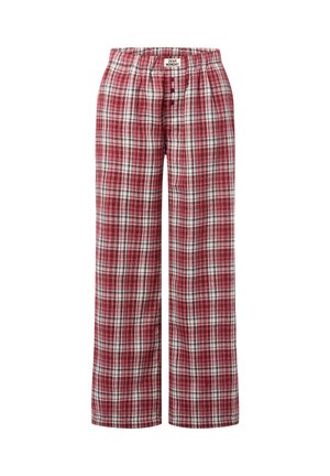 Rote und weiße karierte Lounge-Hose mit einem elastischen Bund und drei Knöpfen an der Vorderseite. Hergestellt aus weichem Stoff, mit geradem Bein.