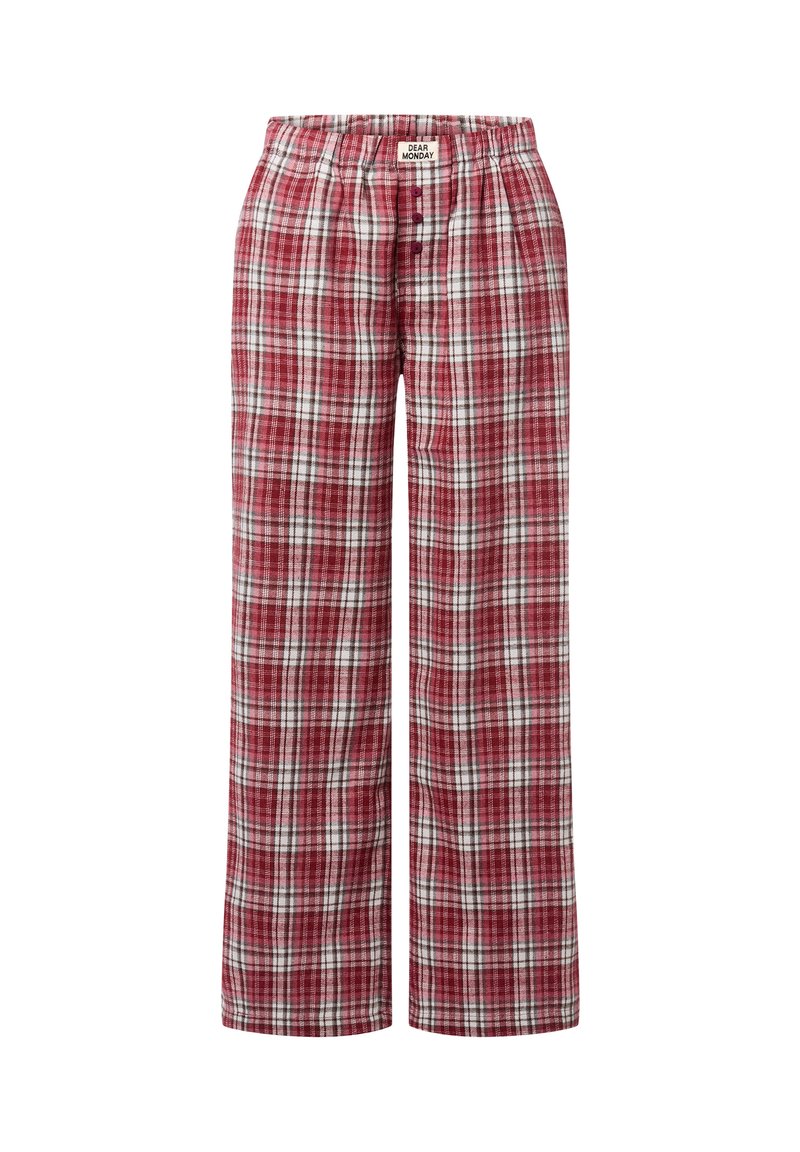 Rote und weiße karierte Lounge-Hose mit einem elastischen Bund und drei Knöpfen an der Vorderseite. Hergestellt aus weichem Stoff, mit geradem Bein.
