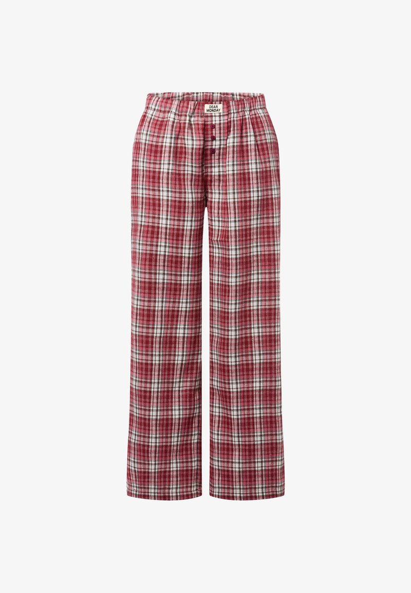 Pantalons de lounge à carreaux rouges et blancs avec une taille élastique et trois boutons à l'avant. Fabriqués en tissu doux, coupe droite.