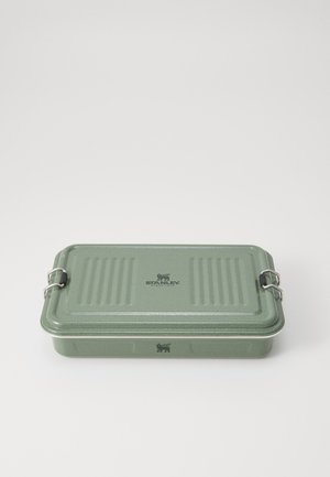 Rectangular food storage container in matte green metal, featuring a ribbed lid, silver latches, and logo embossed on the top and side.