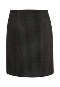 Jupe droite imprimée pied-de-poule gris foncé et noir, taille haute et longueur au-dessus du genou.