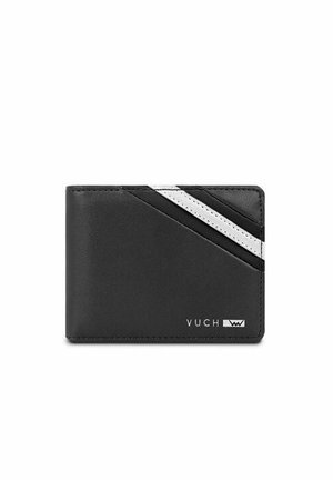 Black leather wallet with a diagonal design featuring two white stripes, textured finish, and embossed logo on the bottom right corner.