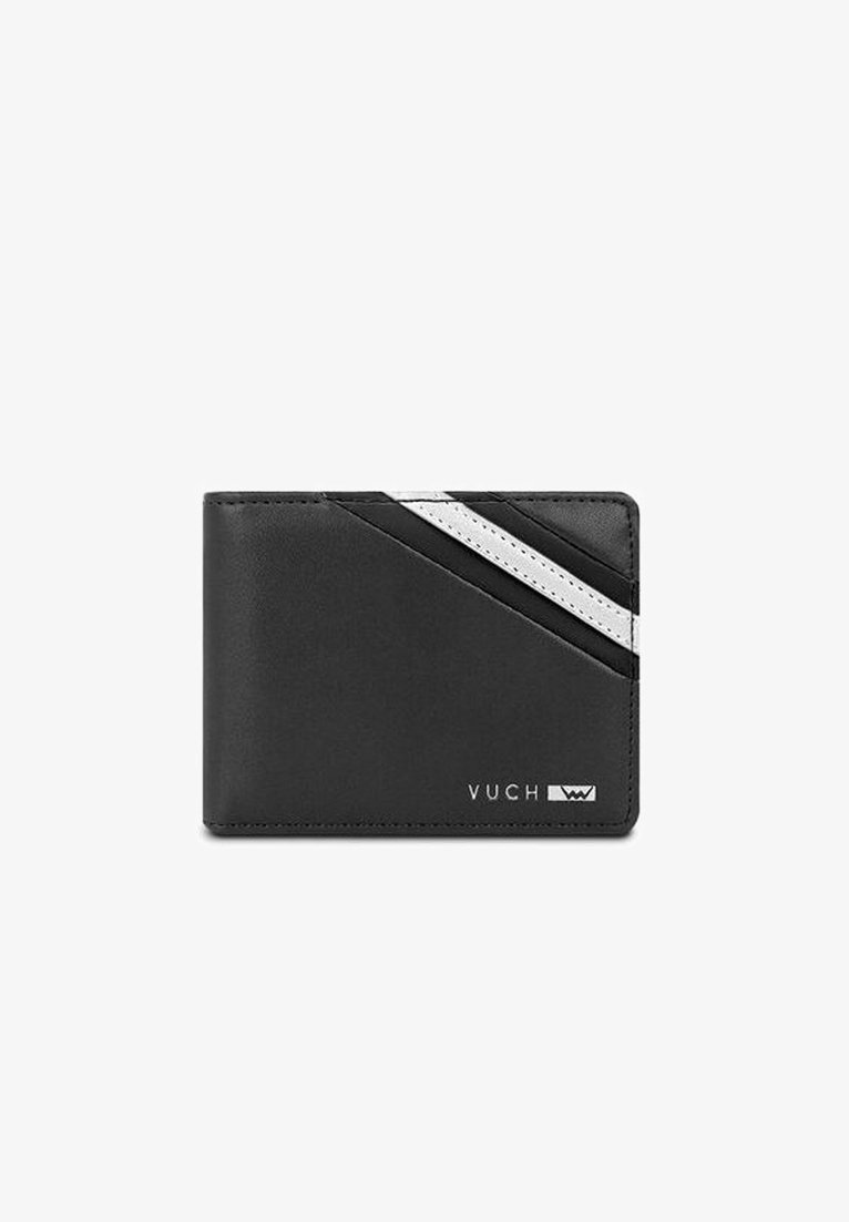 Black leather wallet with a diagonal design featuring two white stripes, textured finish, and embossed logo on the bottom right corner.