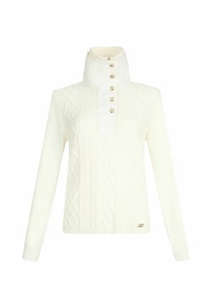 Pullover bianco in maglia con colletto alto, caratterizzato da un motivo a diamante testurizzato e sei bottoni dorati lungo il davanti. Vestibilità classica e maniche lunghe.