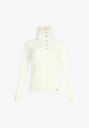 Witte gebreide pullover met een hoge kraag, voorzien van een gestructureerd ruitpatroon en zes gouden knopen aan de voorkant. Klassieke pasvorm en lange mouwen.