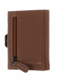 Brown leather wallet with a zipper compartment, featuring stitched accents and a smooth texture. Compact and rectangular design.