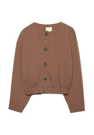 Brauner Cardigan zum Knöpfen mit langen Ärmeln, rundem Ausschnitt, elastischem Saum und zwei Fronttaschen.