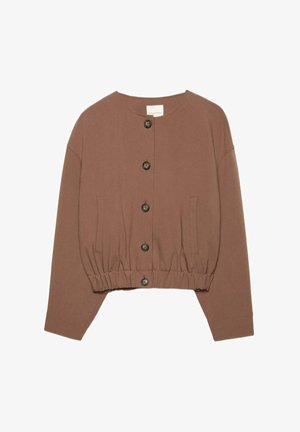 Brauner Cardigan zum Knöpfen mit langen Ärmeln, rundem Ausschnitt, elastischem Saum und zwei Fronttaschen.