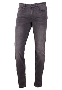 Slim-fit gray denim jeans with a faded finish, five-pocket design, and metal button closure. Smooth texture with visible stitching details.