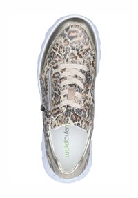 Leopardenmuster Sneakers mit beigen Akzenten, einem dekorativen seitlichen Reißverschluss und einer weißen Gummisohle. Weiches Obermaterial mit Schnürverschluss.