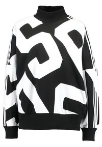 Schwarz-weißes übergroßes Sweatshirt mit hohem Kragen, das auffällige geometrische Muster und drei Streifen an den Ärmeln aufweist. Hergestellt aus weichem Stoff.