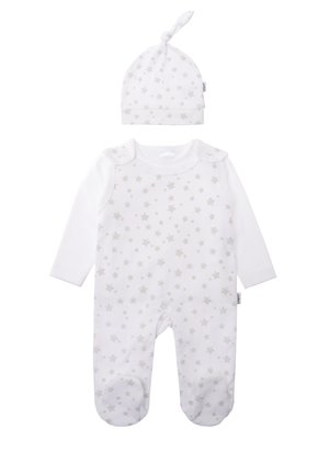 White baby romper with long sleeves and gray star pattern, featuring snap closures, accompanied by a matching knotted hat. Cotton material.
