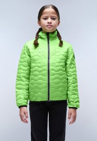Giacca a vento trapuntata verde con colletto alto, zip frontale e dettagli neri, abbinata a pantaloni neri. Design leggero e testurizzato.