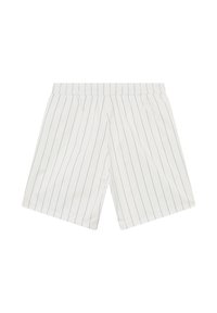 Hvite shorts med tynne, vertikale svarte striper og elastisk midjebånd, vist liggende flatt på hvit bakgrunn.