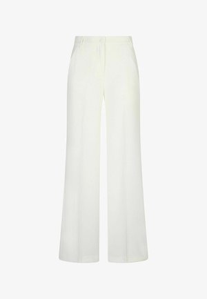 Pantaloni a gamba larga in crema, realizzati in un tessuto liscio, con chiusura a un bottone e due tasche laterali. Vestibilità sartoriale con linee pulite.