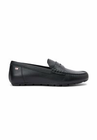 Black leather men's loafer with slip-on design, moc toe stitching, and small flag emblem on the heel side.