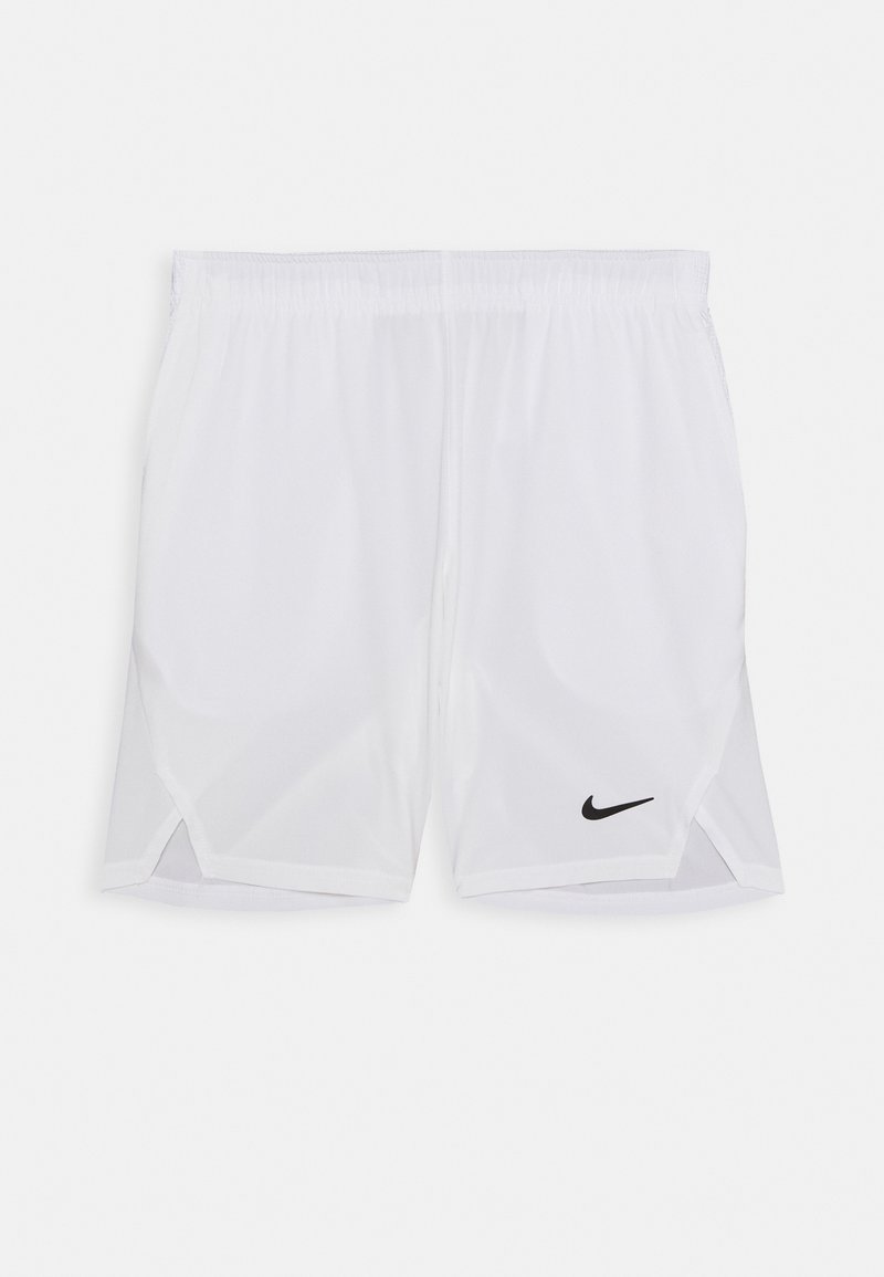 White athletic shorts with elastic waistband and black Nike swoosh logo on the lower right side against a plain background.