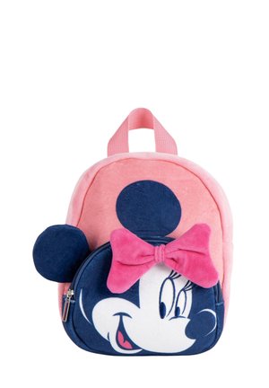 Rosa und marineblauer Kinder-Rucksack mit Minnie-Mouse-Gesicht, rosa Schleife und marineblauen Ohren als Designelemente.
