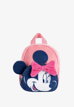 Sac à dos pour enfants rose et bleu marine avec le visage de Minnie Mouse, un nœud rose et des oreilles bleu marine comme éléments de design.