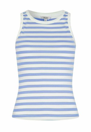 Bezrekawnikowy prążkowany top na ramiączkach z poziomymi białymi i jasnoniebieskimi paskami, okrągłym dekoltem i dopasowanym krojem.
