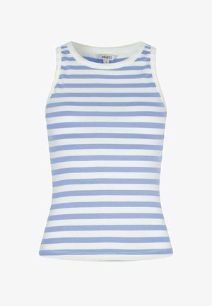 Mouwloze geribbelde tanktop met horizontale witte en lichtblauwe strepen, ronde halslijn en een aansluitende pasvorm.