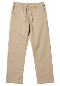 Beige katoenen broek met een elastische tailleband, trekkoord en zijzakken. Rechte pijpen met een gladde textuur en minimale stiksels.