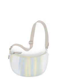 Borsa a tracolla in tessuto morbido e chiaro con strisce verticali blu e gialle, dotata di una tracolla beige regolabile e chiusura con zip.