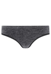 Grijze stretch katoenen thong met een gemêleerde structuur, voorzien van een contrasterende zwarte tailleband en beenopeningen voor een slank ontwerp.