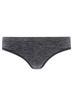 Grijze stretch katoenen thong met een gemêleerde structuur, voorzien van een contrasterende zwarte tailleband en beenopeningen voor een slank ontwerp.