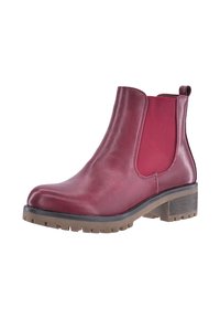 Bottes Chelsea en cuir bordeaux avec panneaux élastiques sur les côtés, bout rond et un petit talon bloc. Semelle en caoutchouc texturé pour une meilleure adhérence.