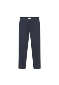 Navy blue tailored trousers made from a smooth fabric, featuring a slim fit, front pockets, and a button closure at the waist.